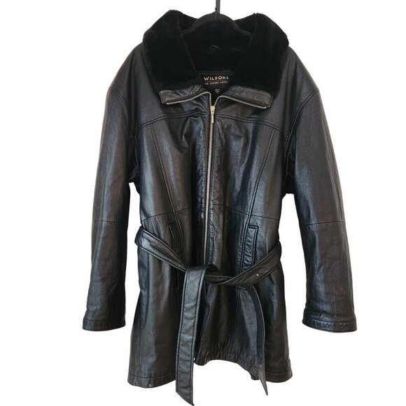 Wilsons Leather Jackets & Blazers - Wilsons Leather Black Genuine Leather Faux Fur Lining Belted Winter Coat XL
